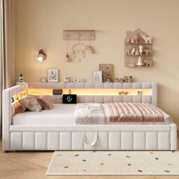 BTM 4FT6 Double Upholstered Bed Side Rails Twin Headboards Beige - thumbnail 5