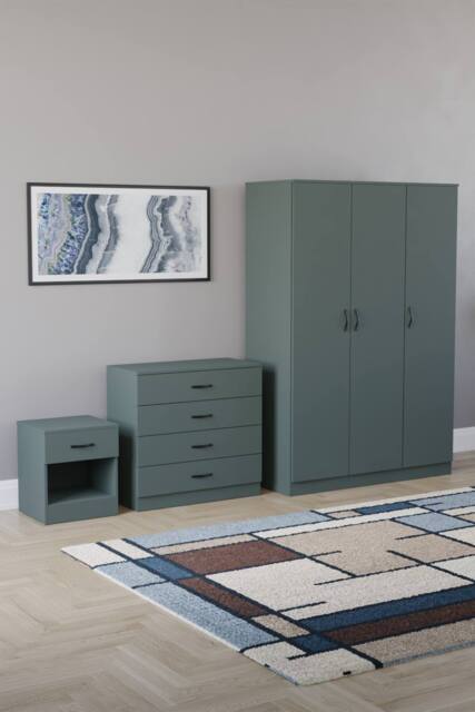 Home Discount Vida Designs Riano 3Pc Bedroom Set - 4 Drawer Chest, 3 Door Wardrobe in Green - image 1