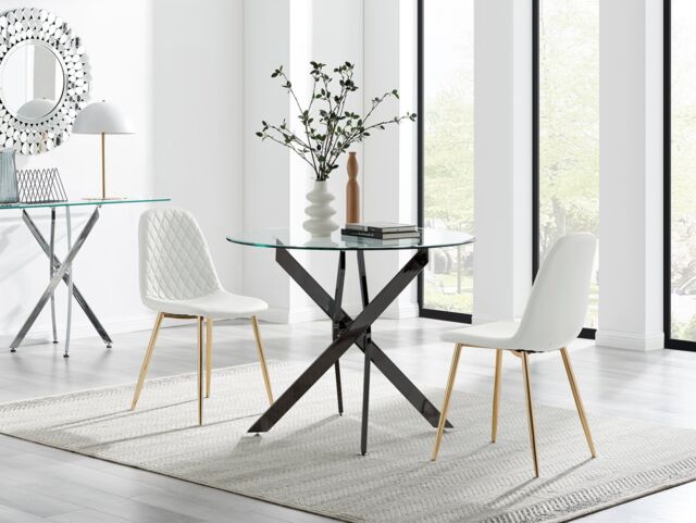 FurnitureboxUK Novara 100cm Round Black Leg Dining Table & 2 Corona Gold Chairs in White - image 1