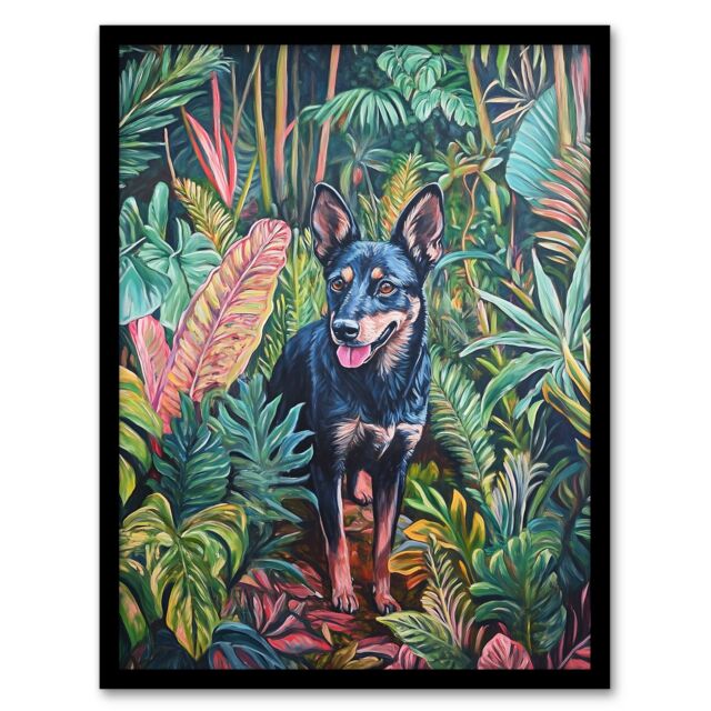 "Artery8 Kelpie In Exotic Jungle Nature Plants Dog Lover Framed Art Print in Green - Size: W12"" x H16""" - image 1