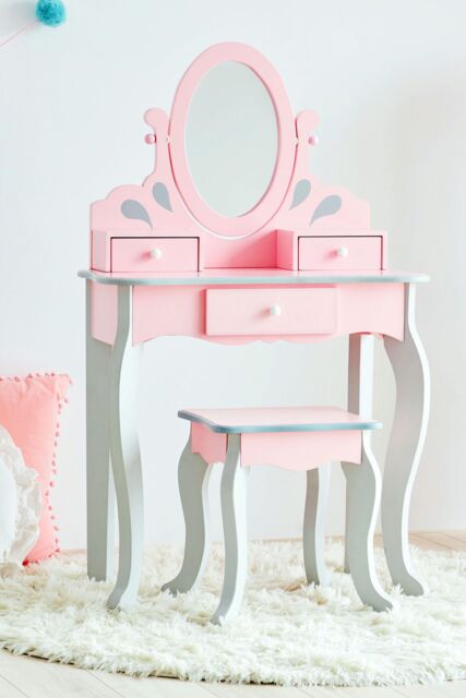 Teamson Kids Play Vanity Table Set with Mirror & Stool, Little Princess Rapunzel, Pink/Grey in Pink - image 1