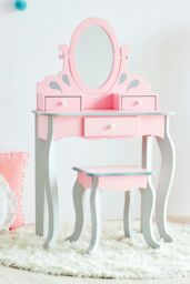 Teamson Kids Play Vanity Table Set with Mirror & Stool, Little Princess Rapunzel, Pink/Grey in Pink