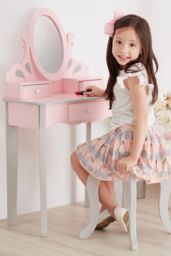 Teamson Kids Play Vanity Table Set with Mirror & Stool, Little Princess Rapunzel, Pink/Grey in Pink - thumbnail 3