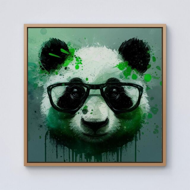 Warren Reed - Designer Panda With Glasses, Green Splashart Framed Canvas in Light Brown - Size: w40 inch x h40 inch - image 1