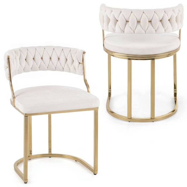 Costway 2PCS Velvet Dining Chairs Modern Woven Upholstered Accent Chairs in White - image 1