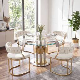 Costway 2PCS Velvet Dining Chairs Modern Woven Upholstered Accent Chairs in White - thumbnail 9