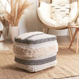 Wyld and Coco Cotton Pouffe - Light Beige Geometric Boho Square Ottoman - thumbnail 1