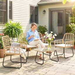 OUTSUNNY Rattan Garden Furniture Set, 4 Piece Outdoor Patio Furniture in Natural - thumbnail 1