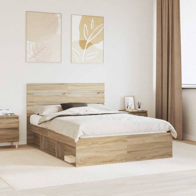 Berkfield Home Bed Frame with Headboard Sonoma 140 x 190 cm Solid Pine Wood in Brown - image 1