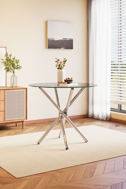Living and Home Tempered Glass Crossover Round Dining Table 88cm Dia x 75cm H in Clear - Size: 88 cm Dia x 75 cm H - image 1
