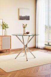 Living and Home Tempered Glass Crossover Round Dining Table 88cm Dia x 75cm H in Clear - Size: 88 cm Dia x 75 cm H