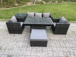 Fimous Outdoor Rattan Garden Furniture Sofa Set Adjustable Rising Lifting Dining Table Set Side Table 2 Armchairs in Dark Grey - thumbnail 2