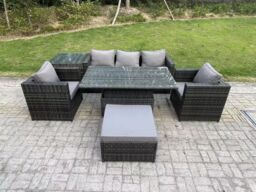 Fimous Outdoor Rattan Garden Furniture Sofa Set Adjustable Rising Lifting Dining Table Set Side Table 2 Armchairs in Dark Grey - thumbnail 1