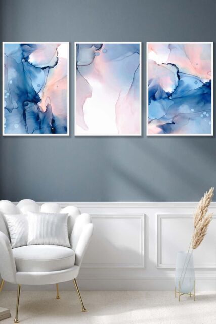 ARTZE Set of 3 White Framed Blush Pink & Navy Blue Abstract Ink Wall Art - Size: W53 cm x H73 cm x D20mm - image 1