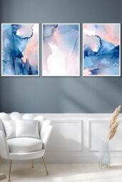 ARTZE Set of 3 White Framed Blush Pink & Navy Blue Abstract Ink Wall Art - Size: W53 cm x H73 cm x D20mm