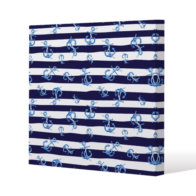 Benjamin Tate Design Blue Anchors on Navy Striped Background (Canvas Print) / 46 x 46 x 4cm in Natural - Size: 46 x 46 x 4 cm - image 1