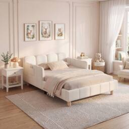 Merax Velvet 3ft Single Corner Daybed with Flexible Layout & Storage Pockets in Beige - thumbnail 4