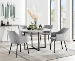 FurnitureboxUK Adley Grey Concrete Effect Round Dining Table & 4 Calla Black Leg Velvet Chairs in Cream