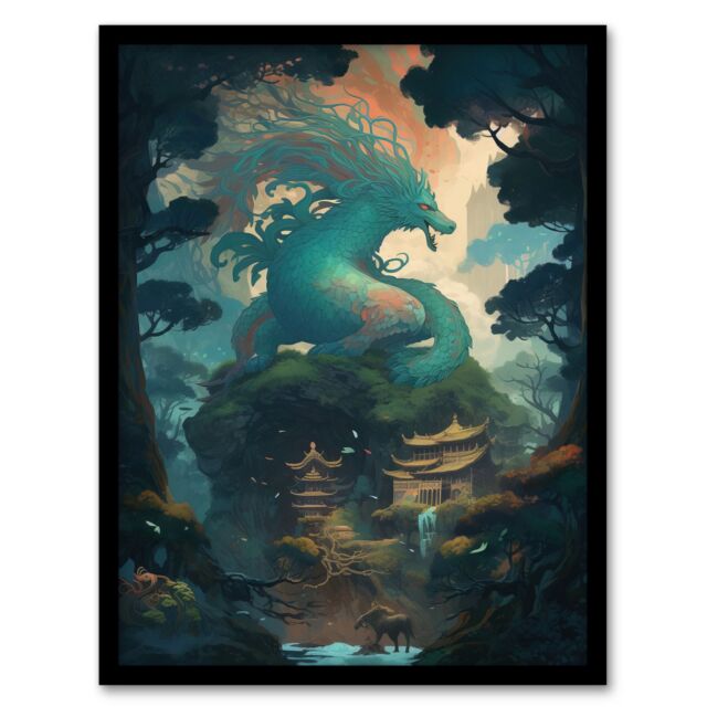 Artery8 Wall Art Print Japan Blue Dragon over Temples Concept Art Painting Green Orange Blue Azure Mythical Creature Guardian Spirit Lush Forest - image 1