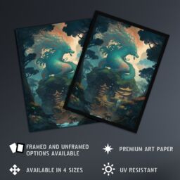Artery8 Wall Art Print Japan Blue Dragon over Temples Concept Art Painting Green Orange Blue Azure Mythical Creature Guardian Spirit Lush Forest - thumbnail 2