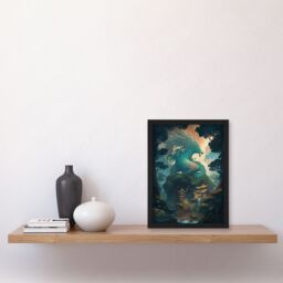 Artery8 Wall Art Print Japan Blue Dragon over Temples Concept Art Painting Green Orange Blue Azure Mythical Creature Guardian Spirit Lush Forest - thumbnail 4