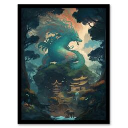 Artery8 Wall Art Print Japan Blue Dragon over Temples Concept Art Painting Green Orange Blue Azure Mythical Creature Guardian Spirit Lush Forest - thumbnail 1