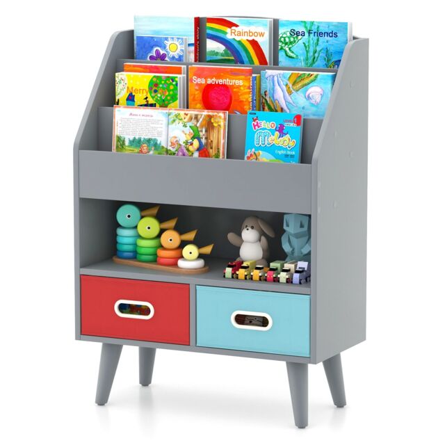 Gymax 3-Tier Bookshelf Toy Storage With 2 Folding Fabric Drawers Display Rack in Grey - image 1