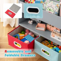 Gymax 3-Tier Bookshelf Toy Storage With 2 Folding Fabric Drawers Display Rack in Grey - thumbnail 4