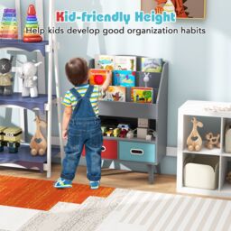 Gymax 3-Tier Bookshelf Toy Storage With 2 Folding Fabric Drawers Display Rack in Grey - thumbnail 8