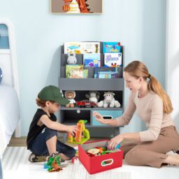 Gymax 3-Tier Bookshelf Toy Storage With 2 Folding Fabric Drawers Display Rack in Grey - thumbnail 2
