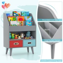 Gymax 3-Tier Bookshelf Toy Storage With 2 Folding Fabric Drawers Display Rack in Grey - thumbnail 5