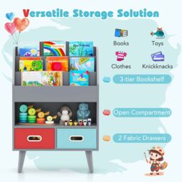 Gymax 3-Tier Bookshelf Toy Storage With 2 Folding Fabric Drawers Display Rack in Grey - thumbnail 6