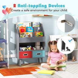 Gymax 3-Tier Bookshelf Toy Storage With 2 Folding Fabric Drawers Display Rack in Grey - thumbnail 7