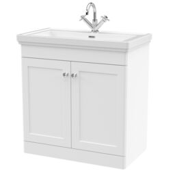 Balterley Bathroom Floor 2-Door Vanity Unit & Fireclay Basin, Satin White, 800mm in White