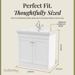 Balterley Bathroom Floor 2-Door Vanity Unit & Fireclay Basin, Satin White, 800mm in White - thumbnail 5