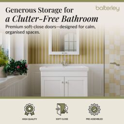 Balterley Bathroom Floor 2-Door Vanity Unit & Fireclay Basin, Satin White, 800mm in White - thumbnail 3