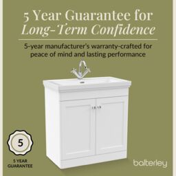 Balterley Bathroom Floor 2-Door Vanity Unit & Fireclay Basin, Satin White, 800mm in White - thumbnail 6