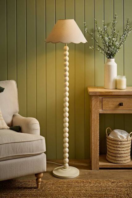 ValueLights Bobbin Colour Trim Linen Shade Cream Bobble Floor Lamp - image 1
