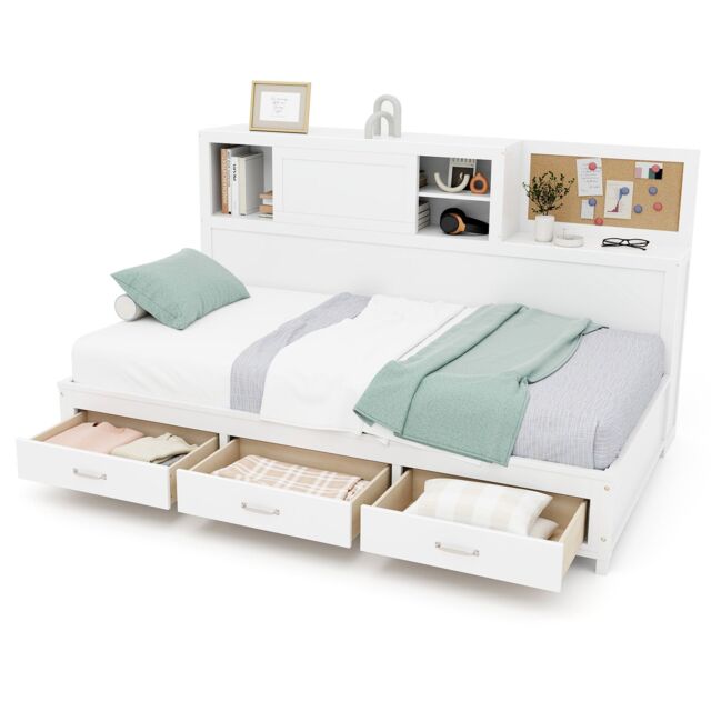 Gymax Single Daybed Guest Bed Frame with Storage Drawers Wooden Slat Support in White - image 1