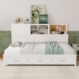 Gymax Single Daybed Guest Bed Frame with Storage Drawers Wooden Slat Support in White - thumbnail 6