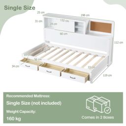 Gymax Single Daybed Guest Bed Frame with Storage Drawers Wooden Slat Support in White - thumbnail 2
