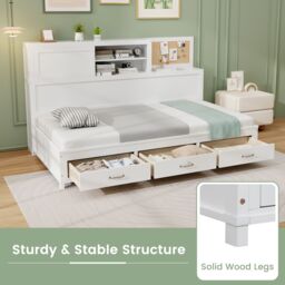 Gymax Single Daybed Guest Bed Frame with Storage Drawers Wooden Slat Support in White - thumbnail 3