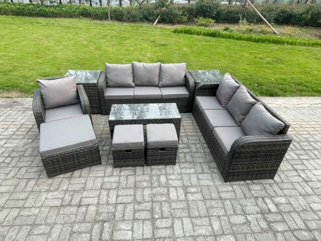 Fimous Outdoor Lounge Sofa Set 10 Seater Rattan Garden Furniture Set with Rectangular Coffee Table 3 Footstools 3 Seater Sofa 2 Side Tables - image 1