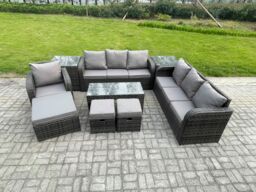 Fimous Outdoor Lounge Sofa Set 10 Seater Rattan Garden Furniture Set with Rectangular Coffee Table 3 Footstools 3 Seater Sofa 2 Side Tables - thumbnail 1