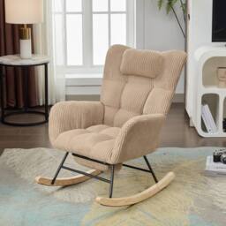 BTM Fabric Rocking Chair with Footrest & Side Pockets, Brown in Beige - thumbnail 2