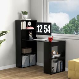Costway Desk Wooden PC Laptop Table Writing Workstation 6-Tier Storage Shelves in Black - thumbnail 2