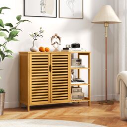 Costway Bamboo Bathroom Cabinet 2-Door Storage Organizer w/Shelves in Natural - thumbnail 5