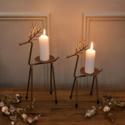 Marco Paul 2pc Metal Reindeer Pillar Candle Holders in Bronze