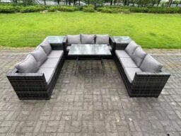Fimous 9 Seater Rattan Outdoor Furniture Sofa Garden Dining Set with Patio Dining Table 2 Side Tables Dark Grey - thumbnail 2