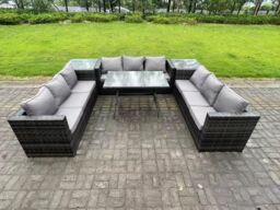 Fimous 9 Seater Rattan Outdoor Furniture Sofa Garden Dining Set with Patio Dining Table 2 Side Tables Dark Grey - thumbnail 1